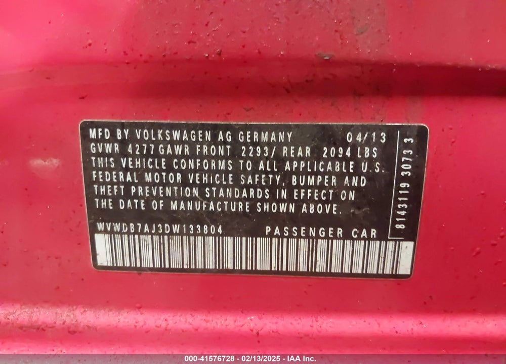 2013 VOLKSWAGEN GOLF VIN: WVWDB7AJ3DW133804