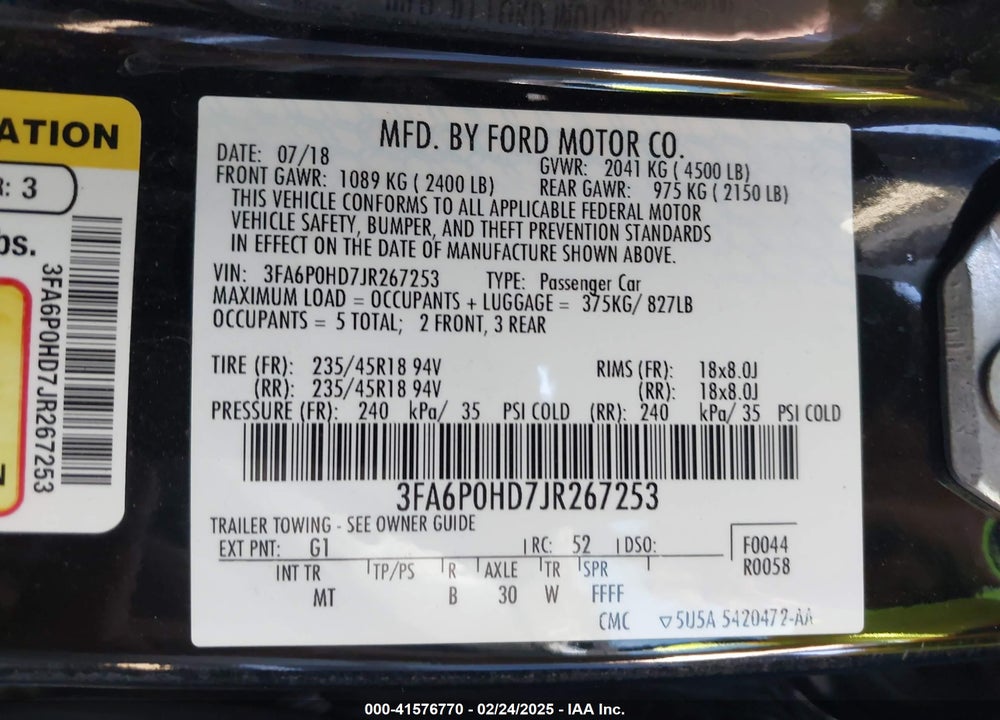 2018 FORD FUSION VIN: 3FA6P0HD7JR267253