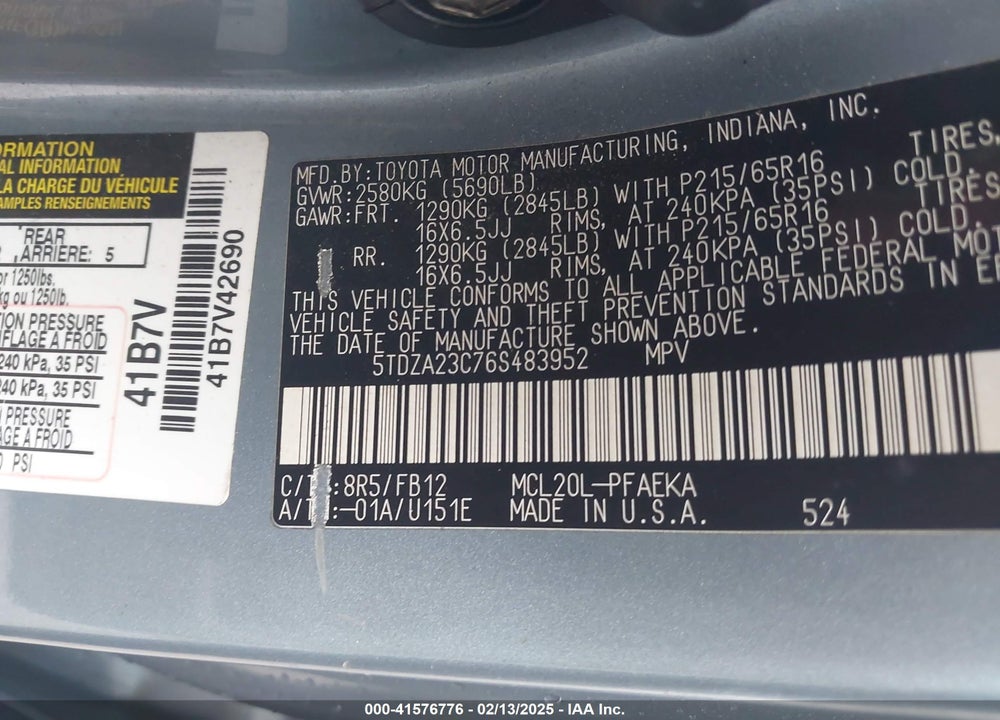 2006 TOYOTA SIENNA VIN: 5TDZA23C76S483952