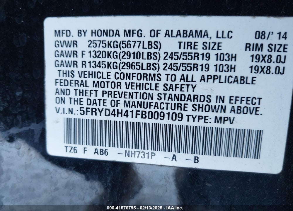2015 ACURA MDX VIN: 5FRYD4H41FB009109
