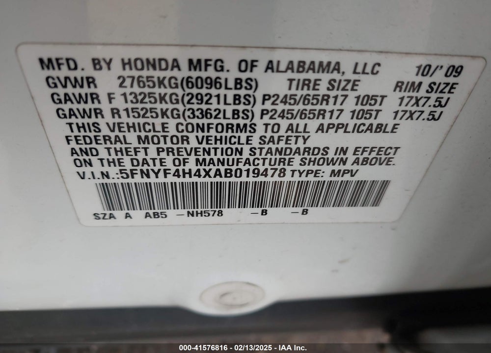 2010 HONDA PILOT EX VIN: 5FNYF4H4XAB019478