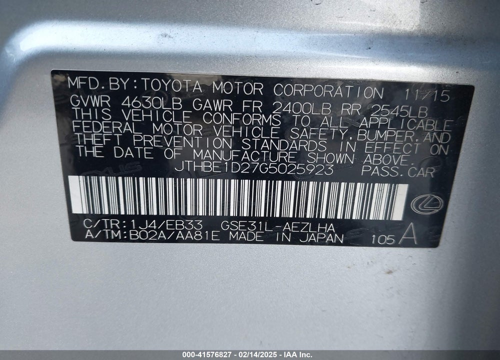 2016 LEXUS IS 350 VIN: JTHBE1D27G5025923