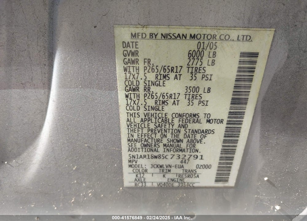 2005 NISSAN PATHFINDER VIN: 5N1AR18W85C732791