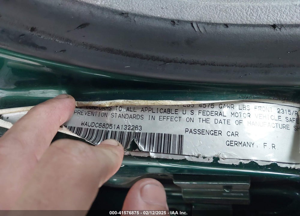 2001 AUDI A4 1.8 T VIN: WAUDC68D51A132263