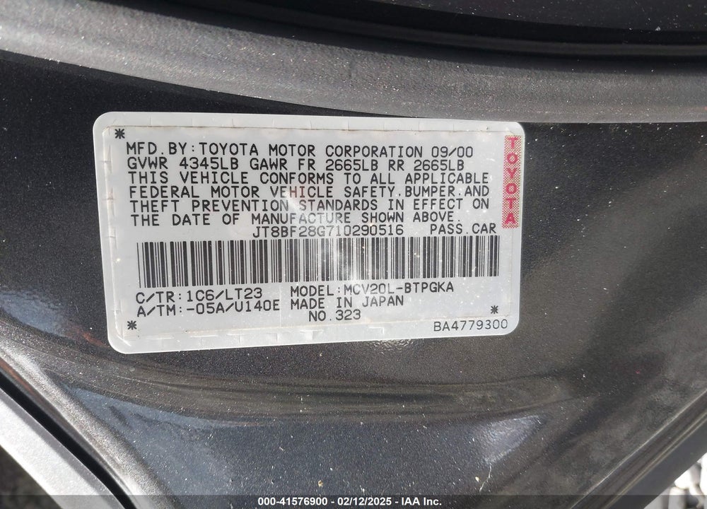 2001 LEXUS ES 300 VIN: JT8BF28G710290516