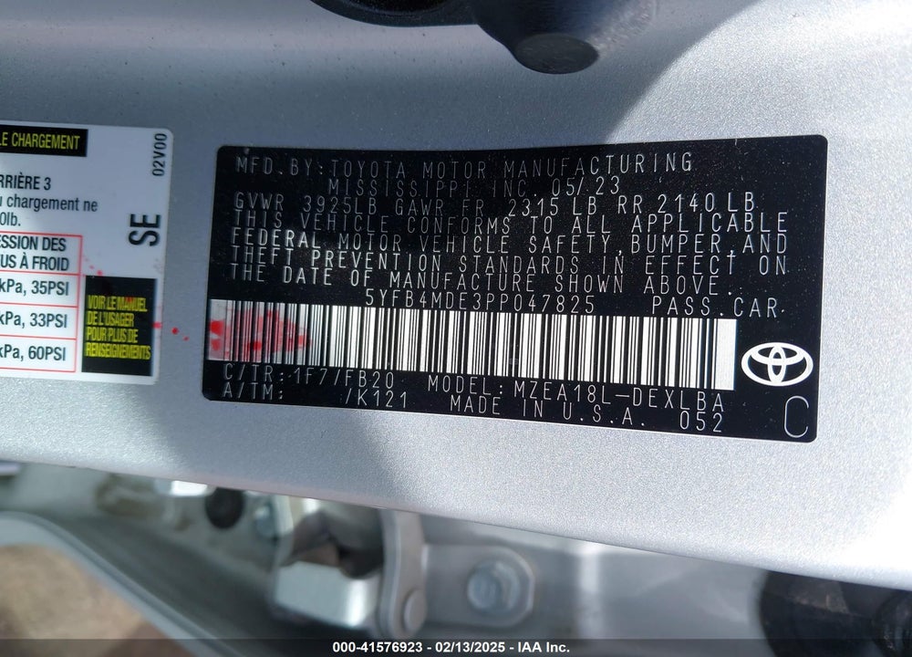 2023 TOYOTA COROLLA VIN: 5YFB4MDE3PP047825