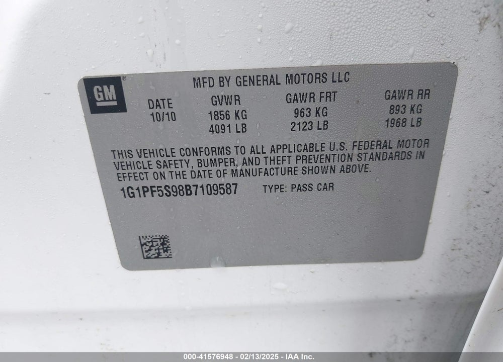 2011 CHEVROLET CRUZE 1LT VIN: 1G1PF5S98B7109587