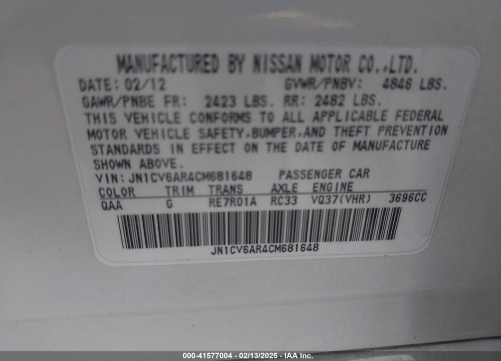 2012 INFINITI G37X VIN: JN1CV6AR4CM681648