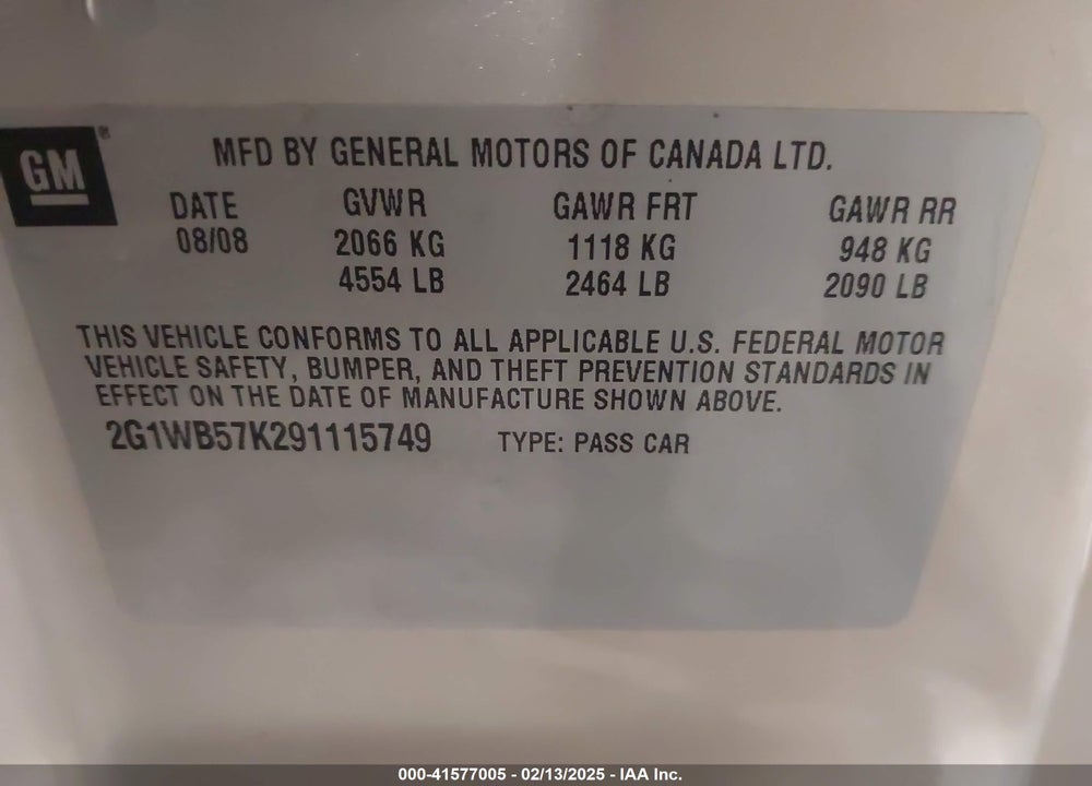 2009 CHEVROLET IMPALA LS VIN: 2G1WB57K291115749