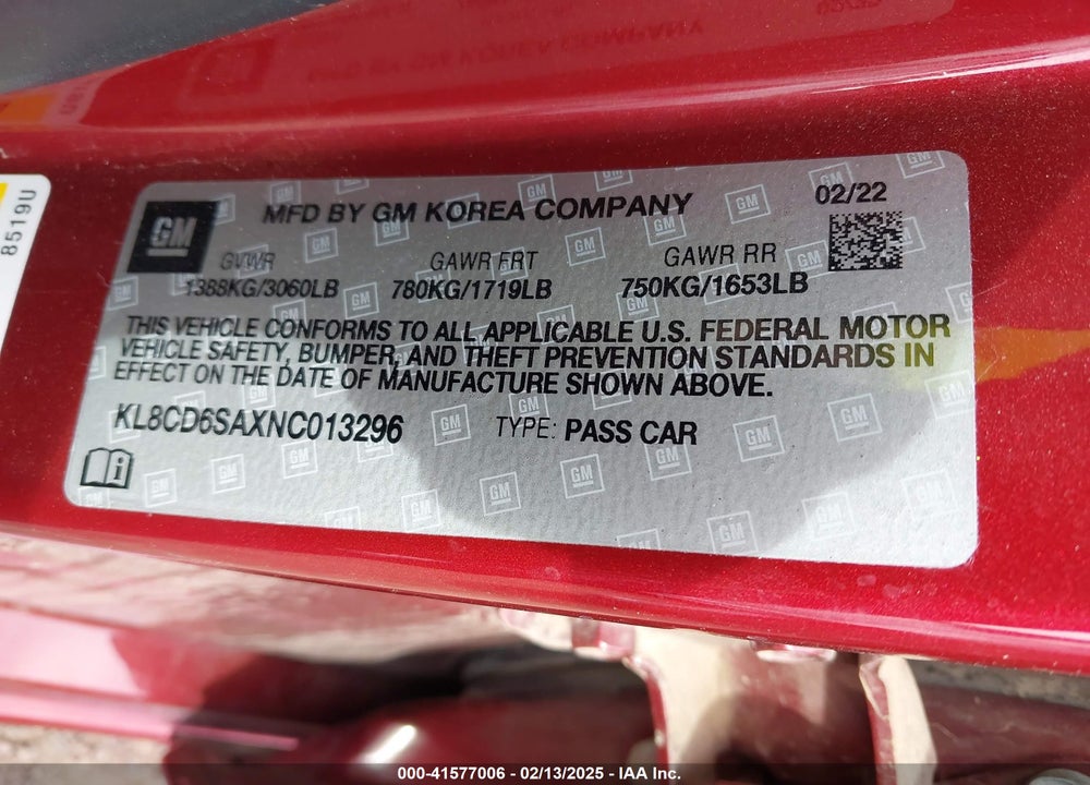 2022 CHEVROLET SPARK VIN: KL8CD6SAXNC013296