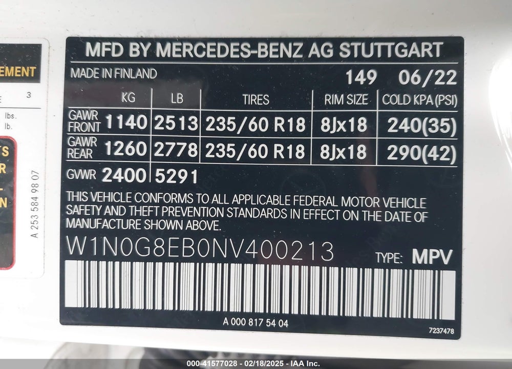 2022 MERCEDES-BENZ GLC 300 VIN: W1N0G8EB0NV400213