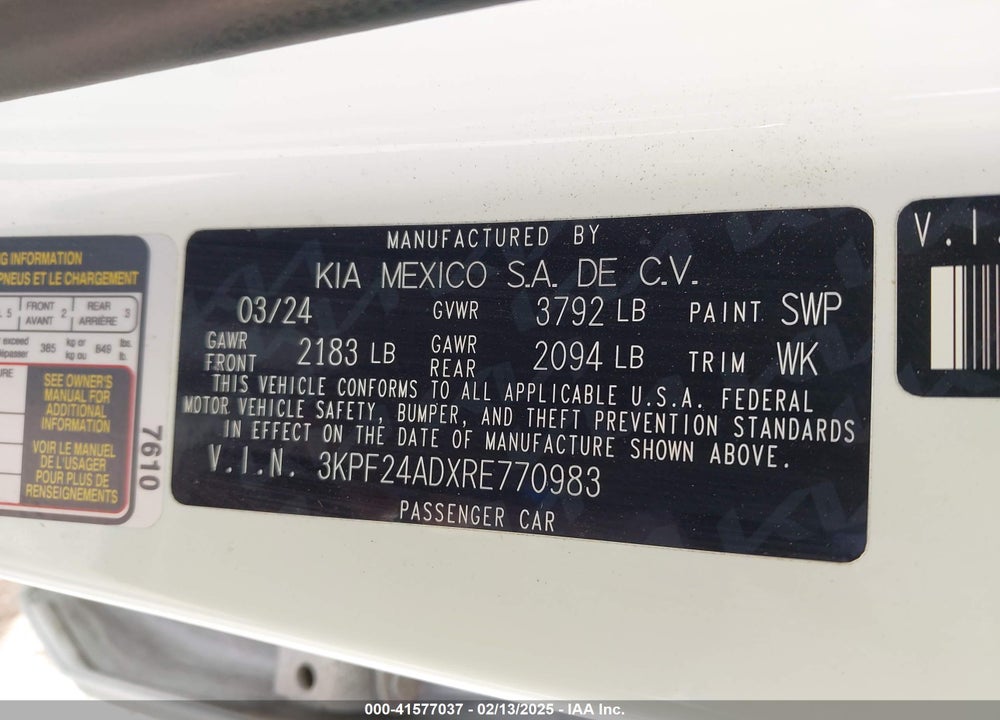 2024 KIA FORTE LXS VIN: 3KPF24ADXRE770983