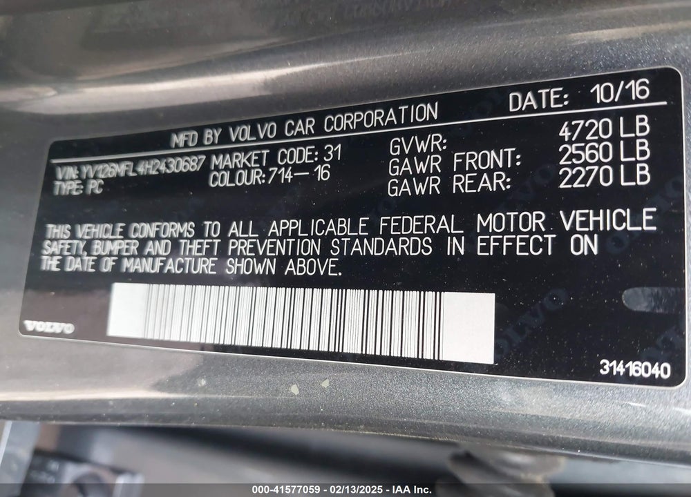 2017 VOLVO S60 VIN: YV126MFL4H2430687