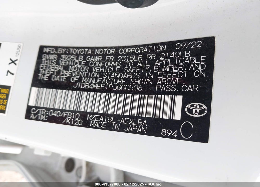 2023 TOYOTA COROLLA VIN: JTDB4MEE1PJ000506