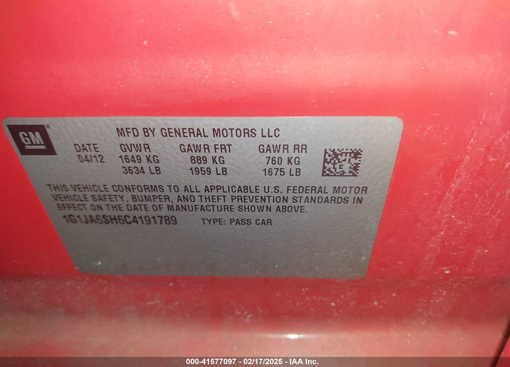 2012 CHEVROLET SONIC 2LS VIN: 1G1JA6SH6C4191789