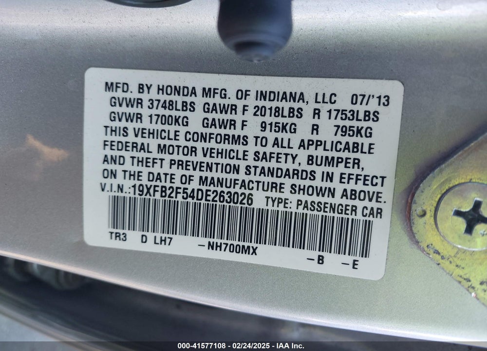 2013 HONDA CIVIC LX VIN: 19XFB2F54DE263026