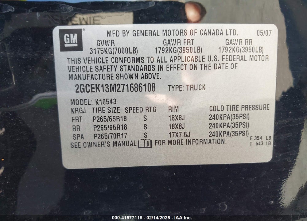 2007 CHEVROLET SILVERADO 1500 LT1 VIN: 2GCEK13M271686108