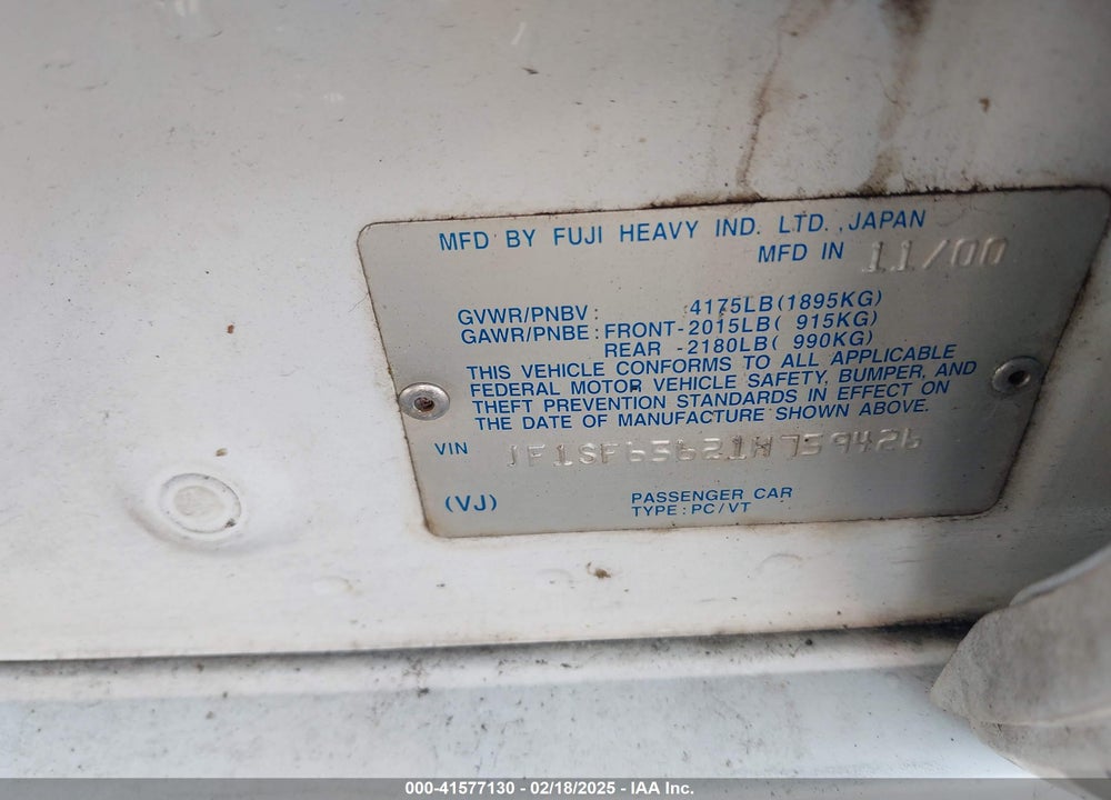 2001 SUBARU FORESTER VIN: JF1SF65621H759426