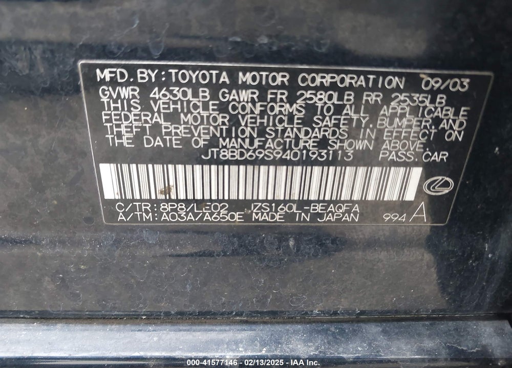 2004 LEXUS GS 300 VIN: JT8BD69S940193113