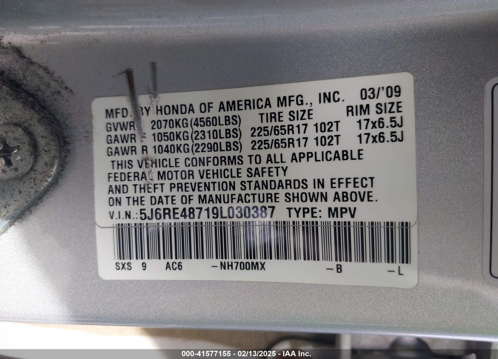 2009 HONDA CR-V EX-L VIN: 5J6RE48719L030387