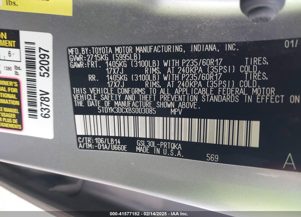 2011 TOYOTA SIENNA XLE V6 VIN: 5TDYK3DCXBS003085
