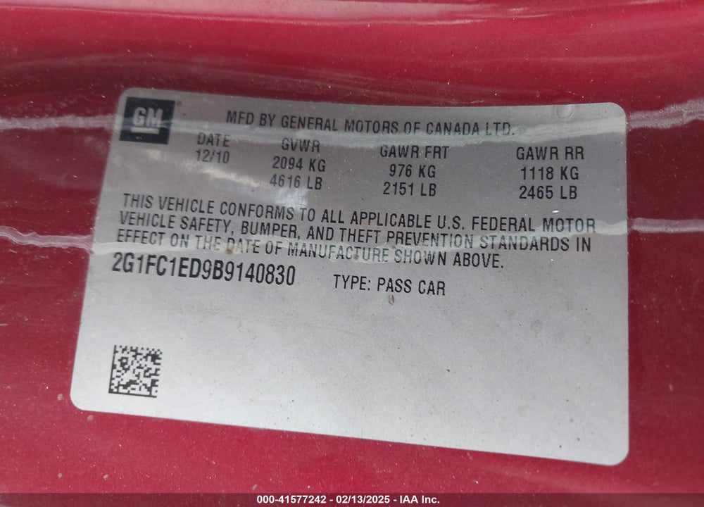 2011 CHEVROLET CAMARO VIN: 2G1FC1ED9B9140830