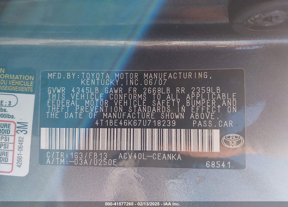 2007 TOYOTA CAMRY VIN: 4T1BE46K67U718239