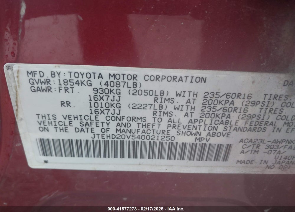2004 TOYOTA RAV4 VIN: JTEHD20V540021250