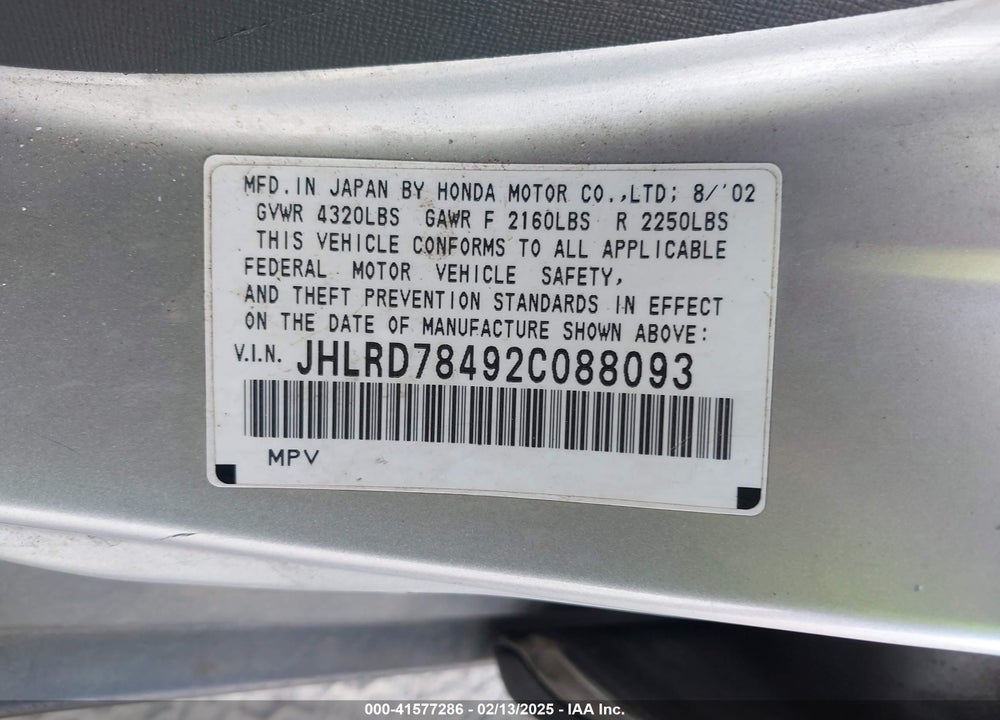 2002 HONDA CR-V LX VIN: JHLRD78492C088093