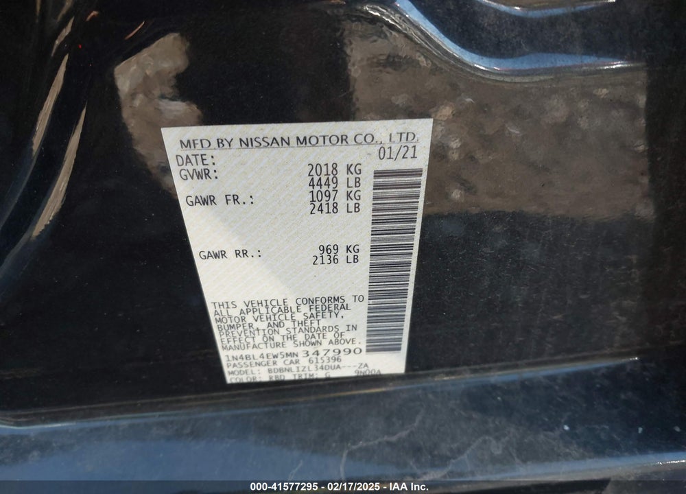 2021 NISSAN ALTIMA VIN: 1N4BL4EW5MN347990