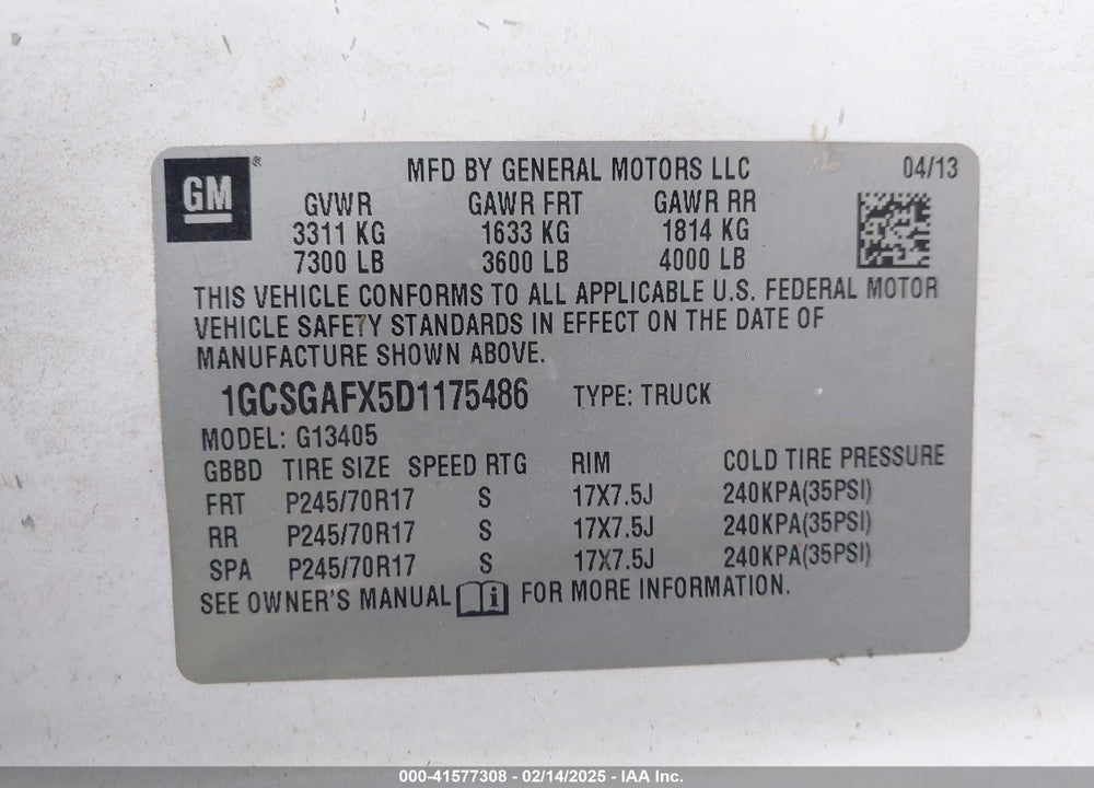 2013 CHEVROLET EXPRESS 1500 WORK VAN VIN: 1GCSGAFX5D1175486
