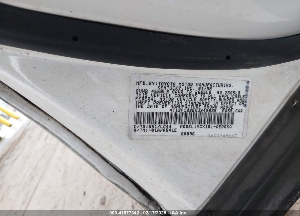 1998 TOYOTA AVALON VIN: 4T1BF18B5WU242038