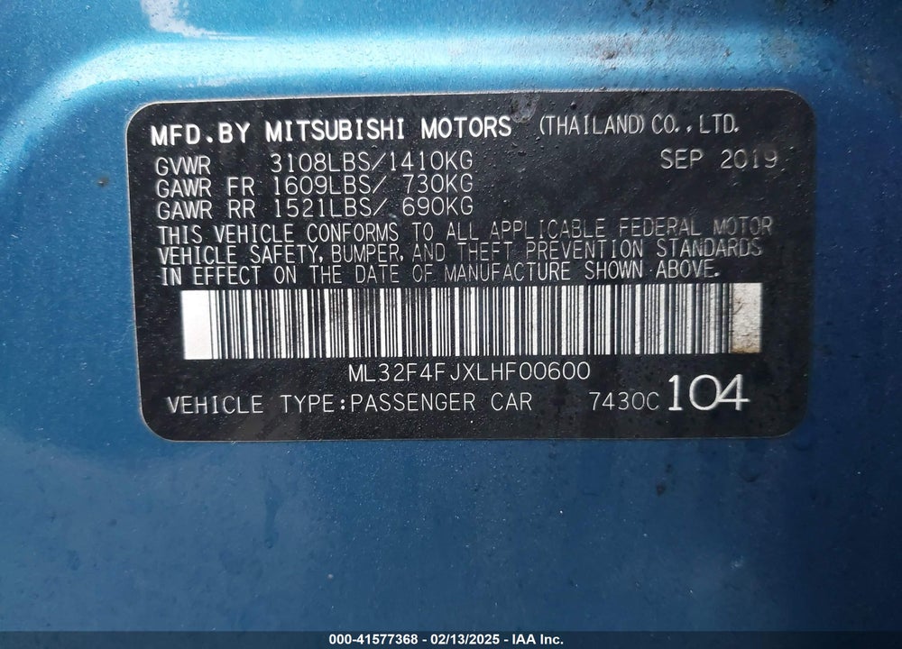 2020 MITSUBISHI MIRAGE G4 LE VIN: ML32F4FJXLHF00600