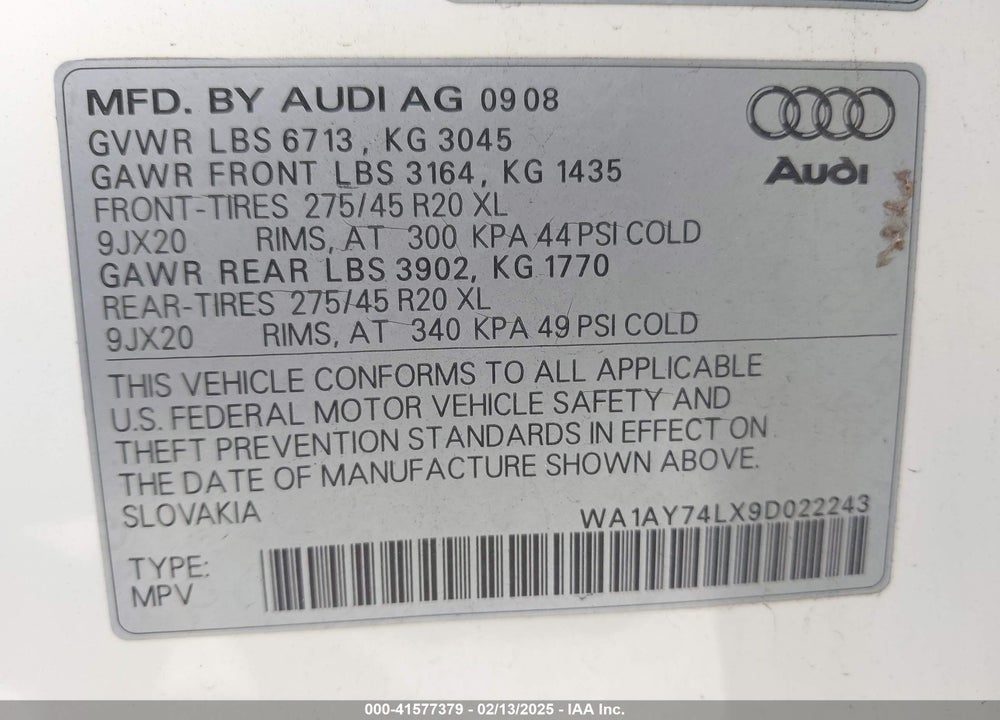 2009 AUDI Q7 3.6 5 PASSENGER/3.6 PREMIUM VIN: WA1AY74LX9D022243