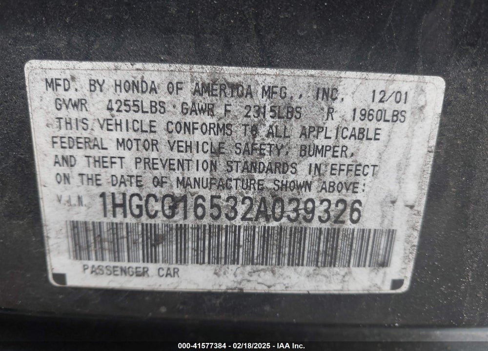 2002 HONDA ACCORD 3.0 EX VIN: 1HGCG16532A039326