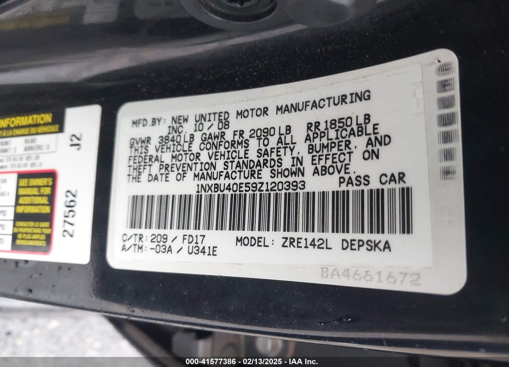 2009 TOYOTA COROLLA VIN: 1NXBU40E59Z120393
