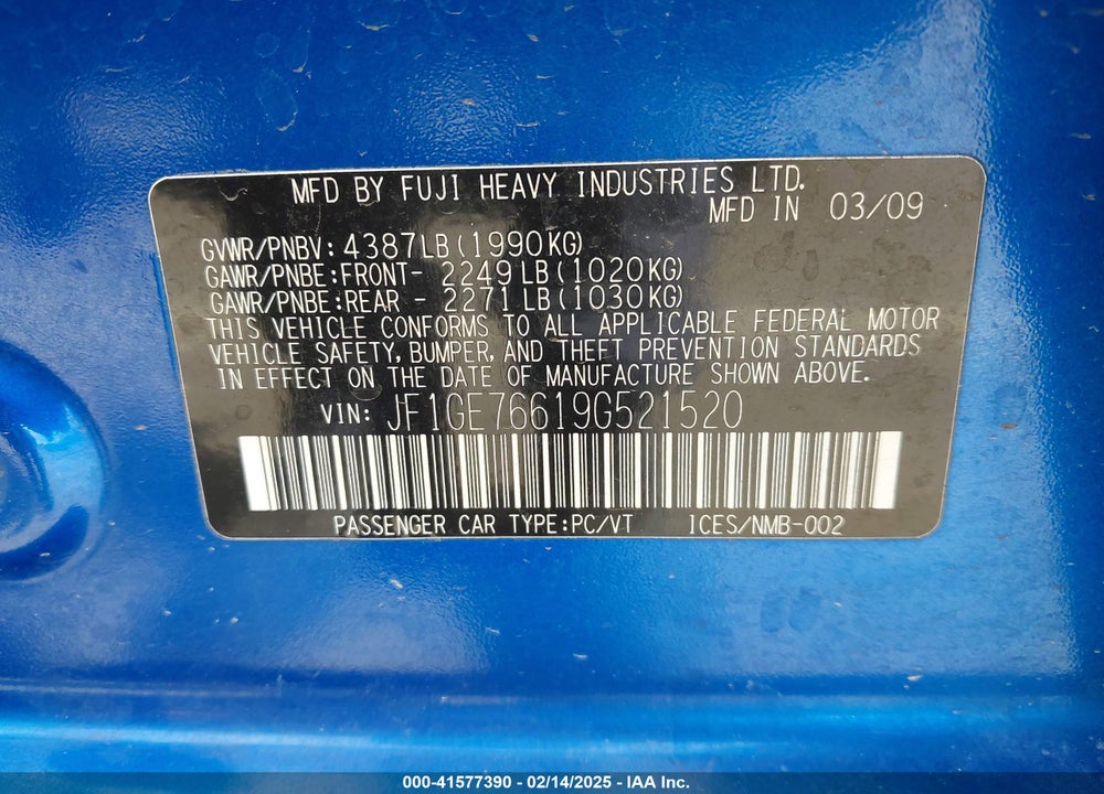 2009 SUBARU IMPREZA WRX VIN: JF1GE76619G521520