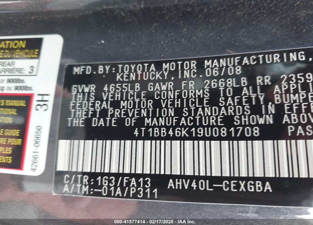 2009 TOYOTA CAMRY HYBRID VIN: 4T1BB46K19U081708
