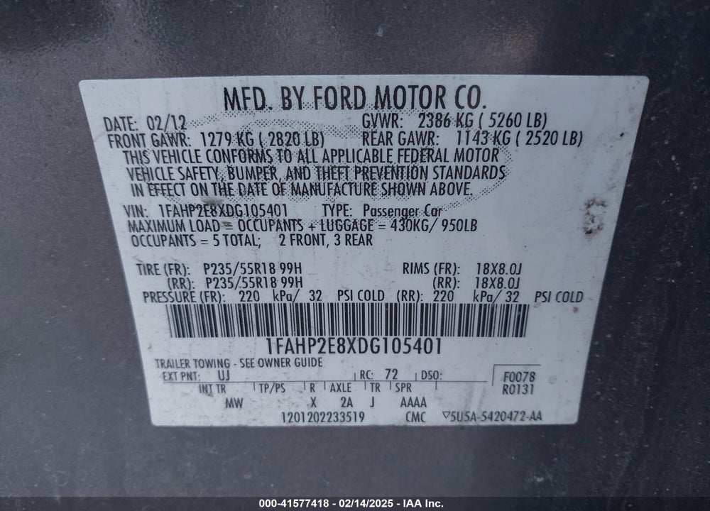 2013 FORD TAURUS VIN: 1FAHP2E8XDG105401