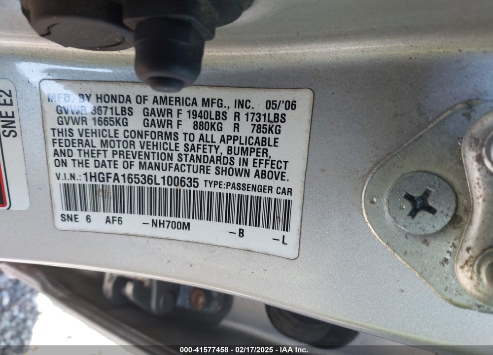 2006 HONDA CIVIC VIN: 1HGFA16536L100635