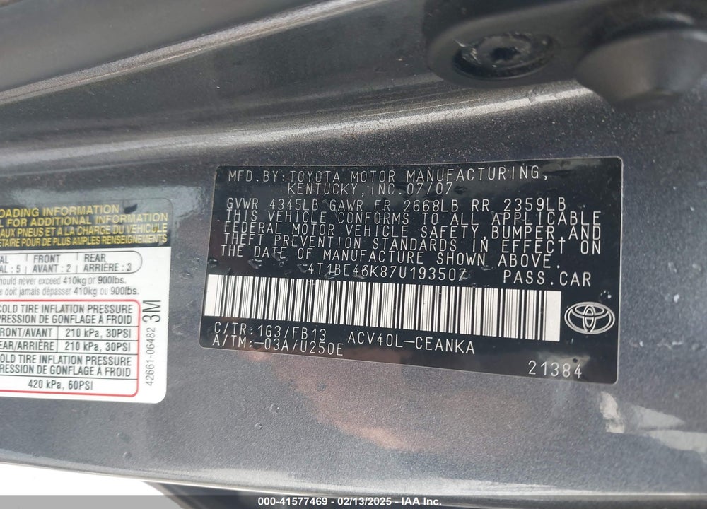 2007 TOYOTA CAMRY VIN: 4T1BE46K87U193507