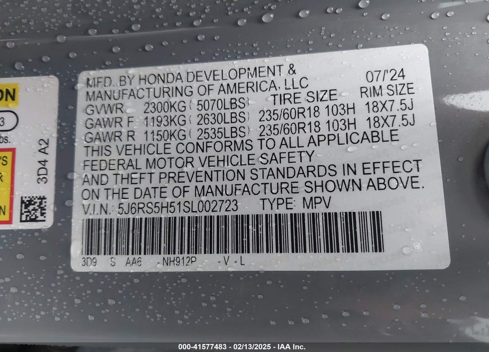 2025 HONDA CR-V HYBRID SPORT VIN: 5J6RS5H51SL002723