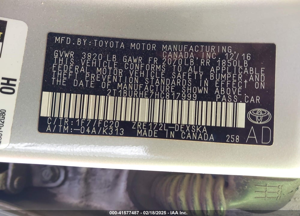 2017 TOYOTA COROLLA VIN: 2T1BURHE7HC817999