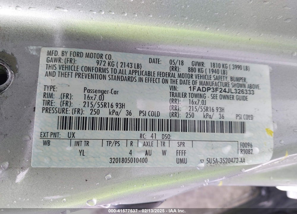 2018 FORD FOCUS VIN: 1FADP3F24JL326333