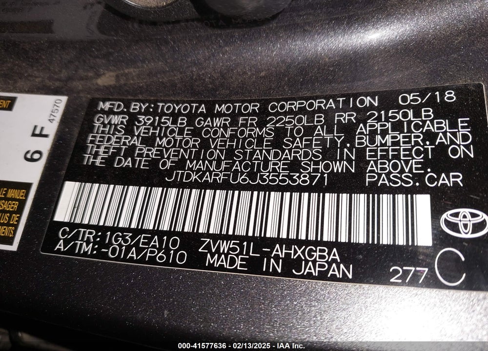 2018 TOYOTA PRIUS VIN: JTDKARFU6J3553871
