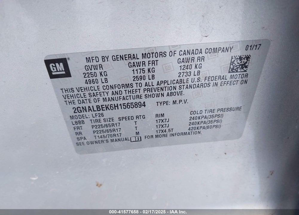 2017 CHEVROLET EQUINOX LS VIN: 2GNALBEK6H1565894