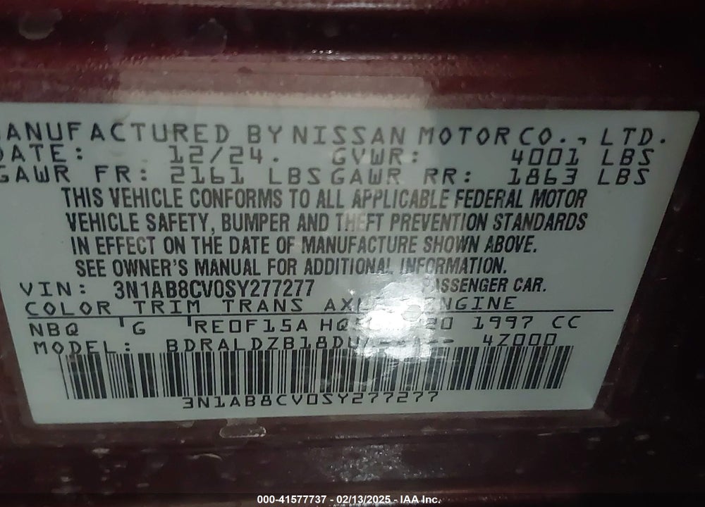 2025 NISSAN SENTRA VIN: 3N1AB8CV0SY277277
