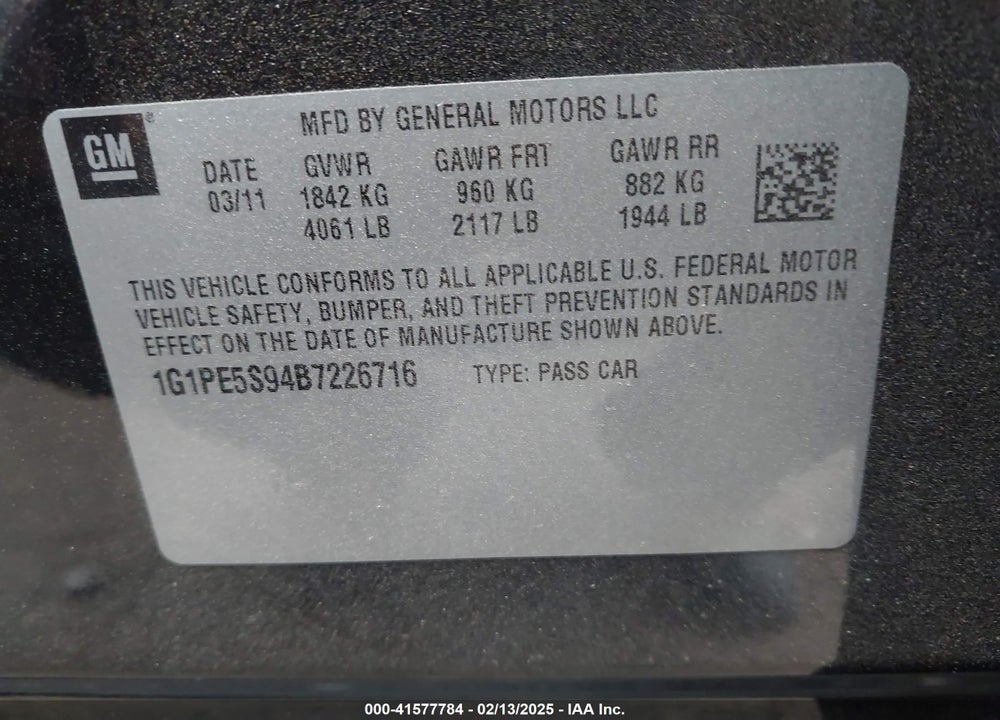 2011 CHEVROLET CRUZE VIN: 1G1PE5S94B7226716