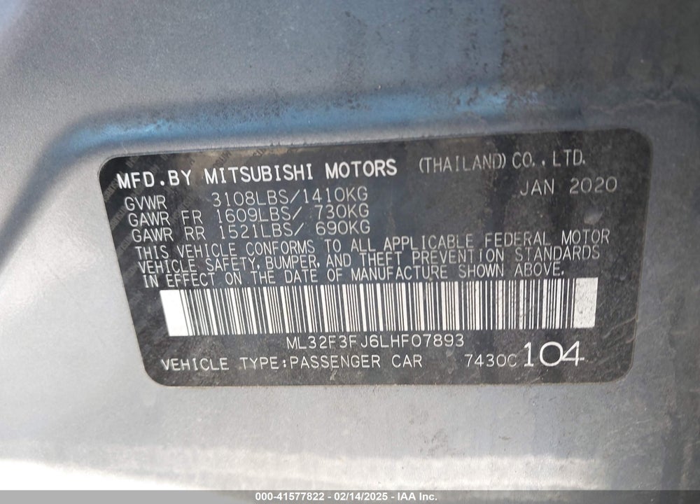 2020 MITSUBISHI MIRAGE G4 VIN: ML32F3FJ6LHF07893