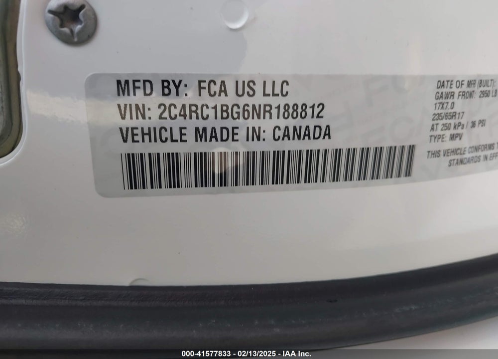 2022 CHRYSLER PACIFICA TOURING L VIN: 2C4RC1BG6NR188812
